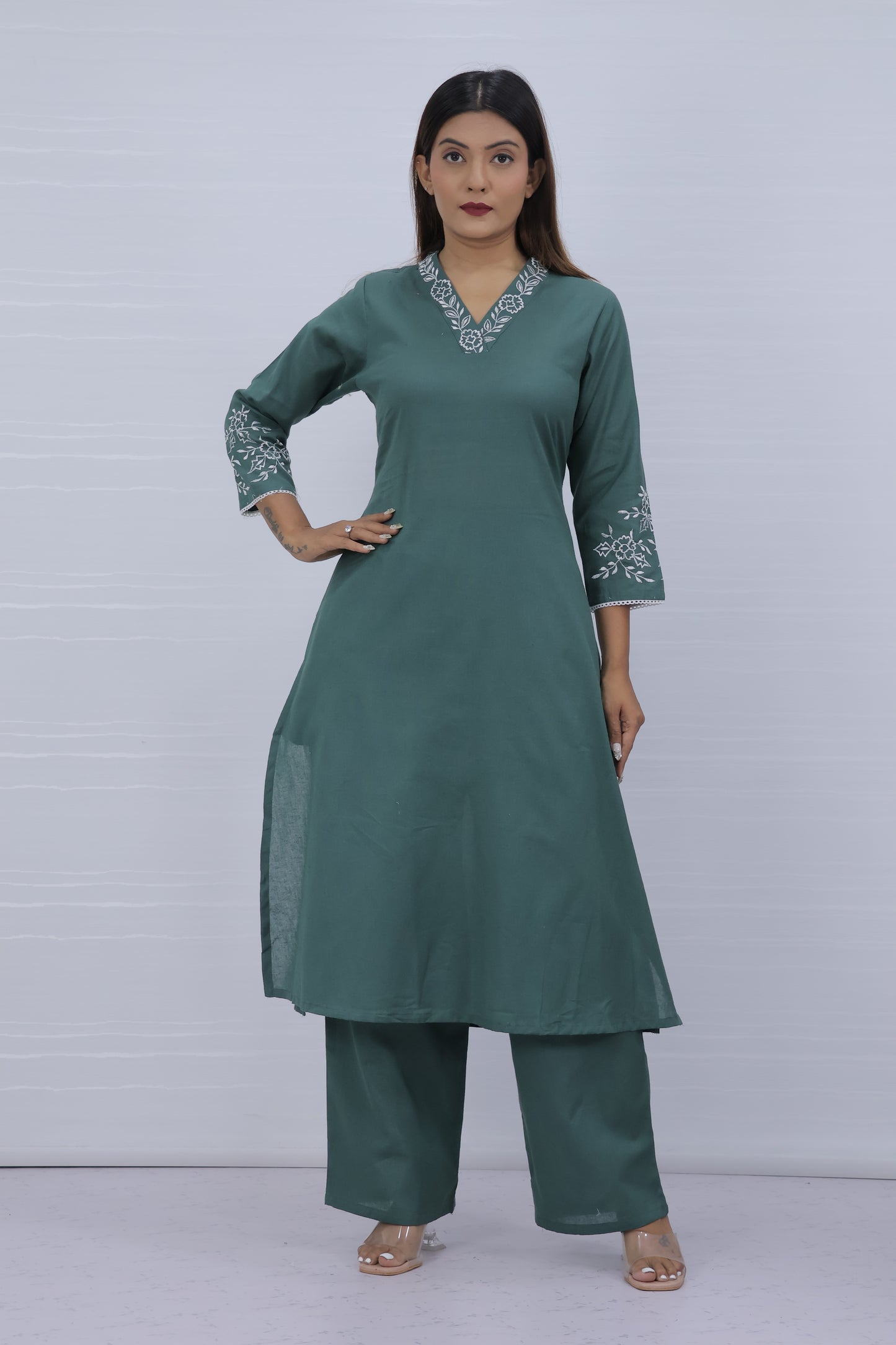 Misri Green Cotton Kurti Plazo