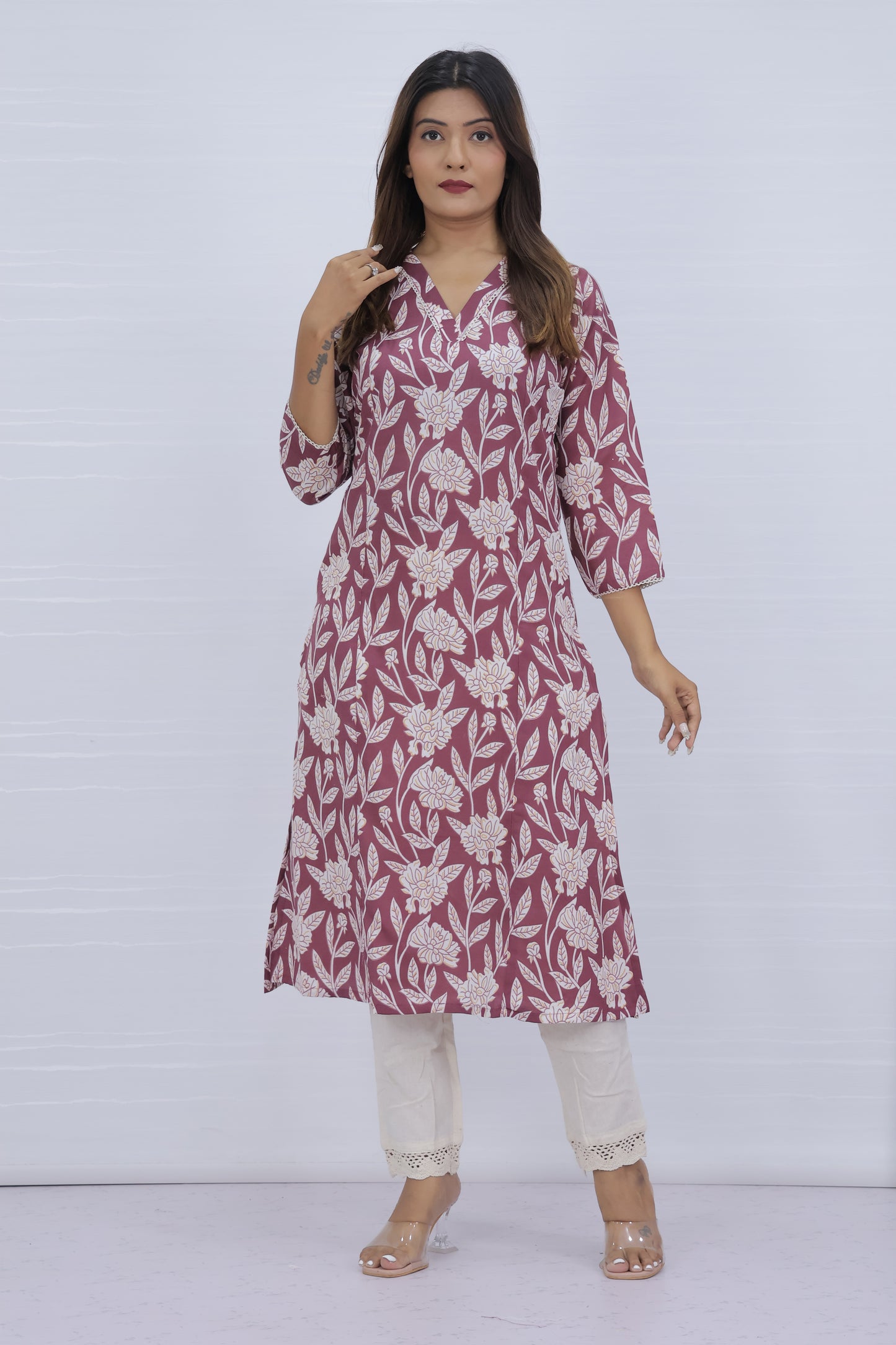 Floral Printed Maroon Cotton Kurti