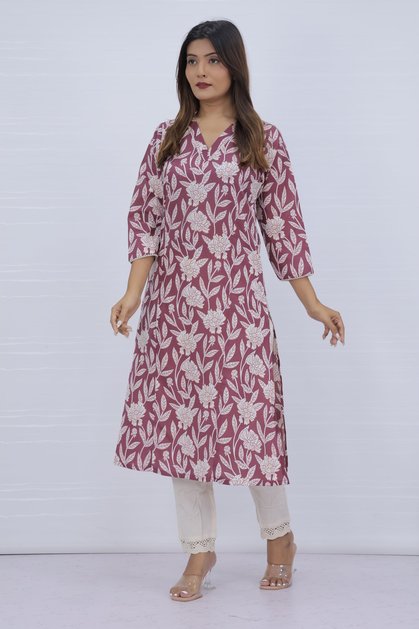 Floral Printed Maroon Cotton Kurti