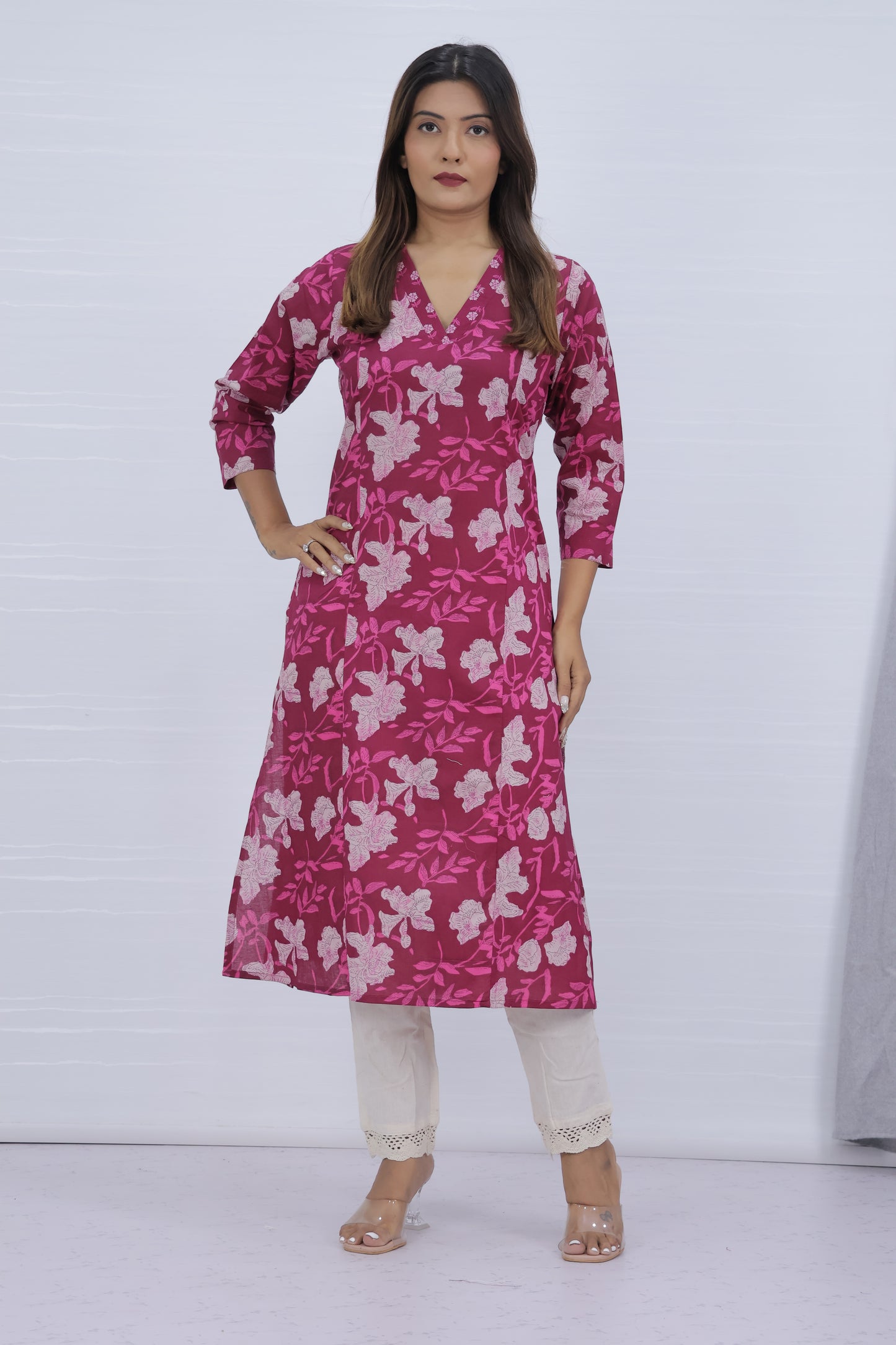 Floral Printed Pink Cotton Kurti