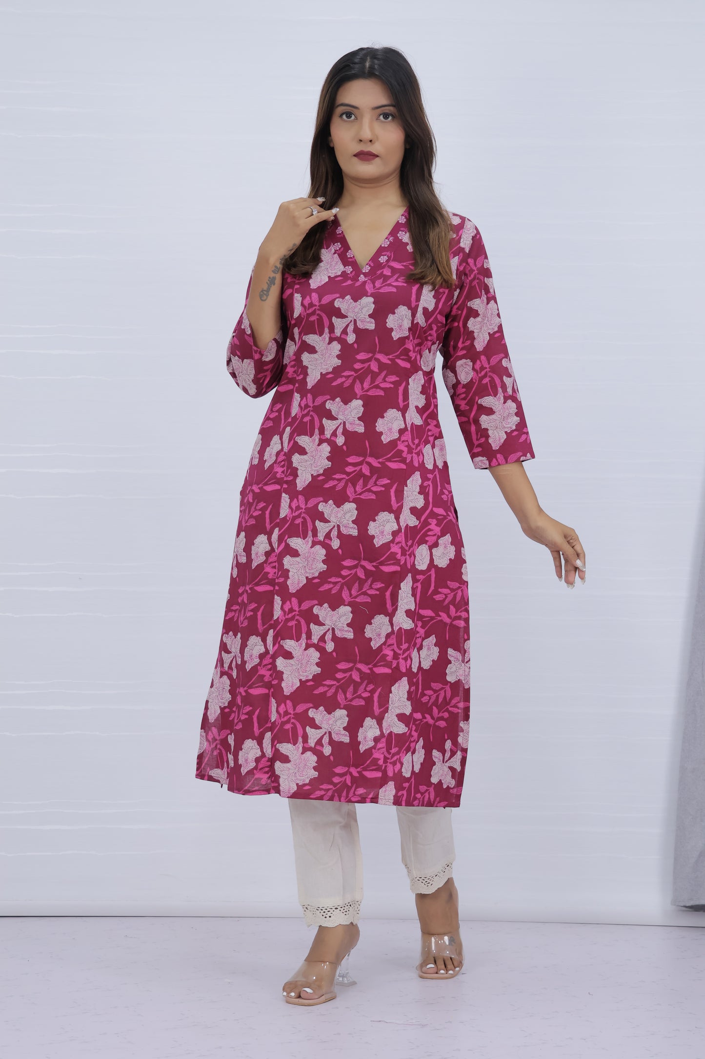 Floral Printed Pink Cotton Kurti