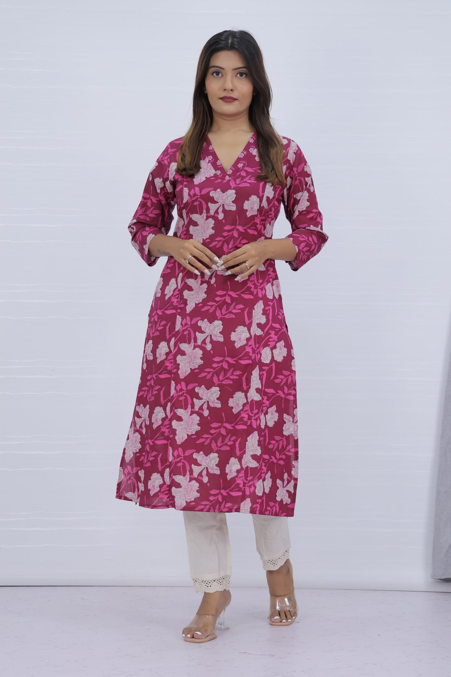 Floral Printed Pink Cotton Kurti