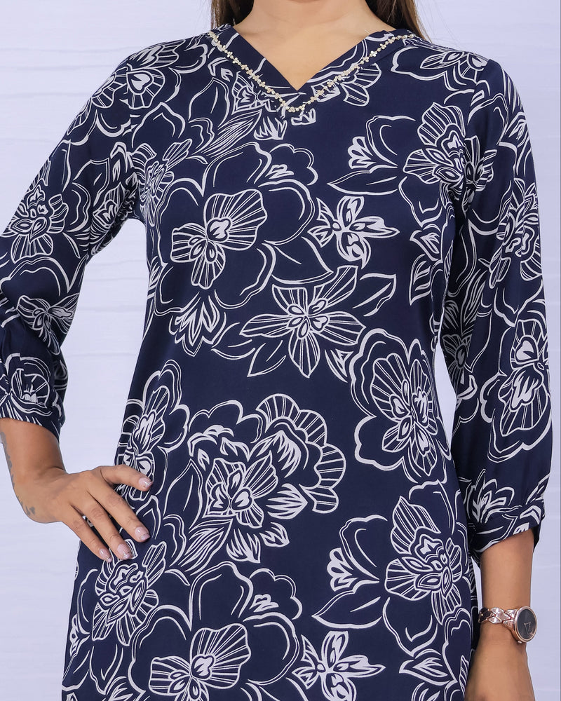 Women Blue Rayon Printed Short Top
