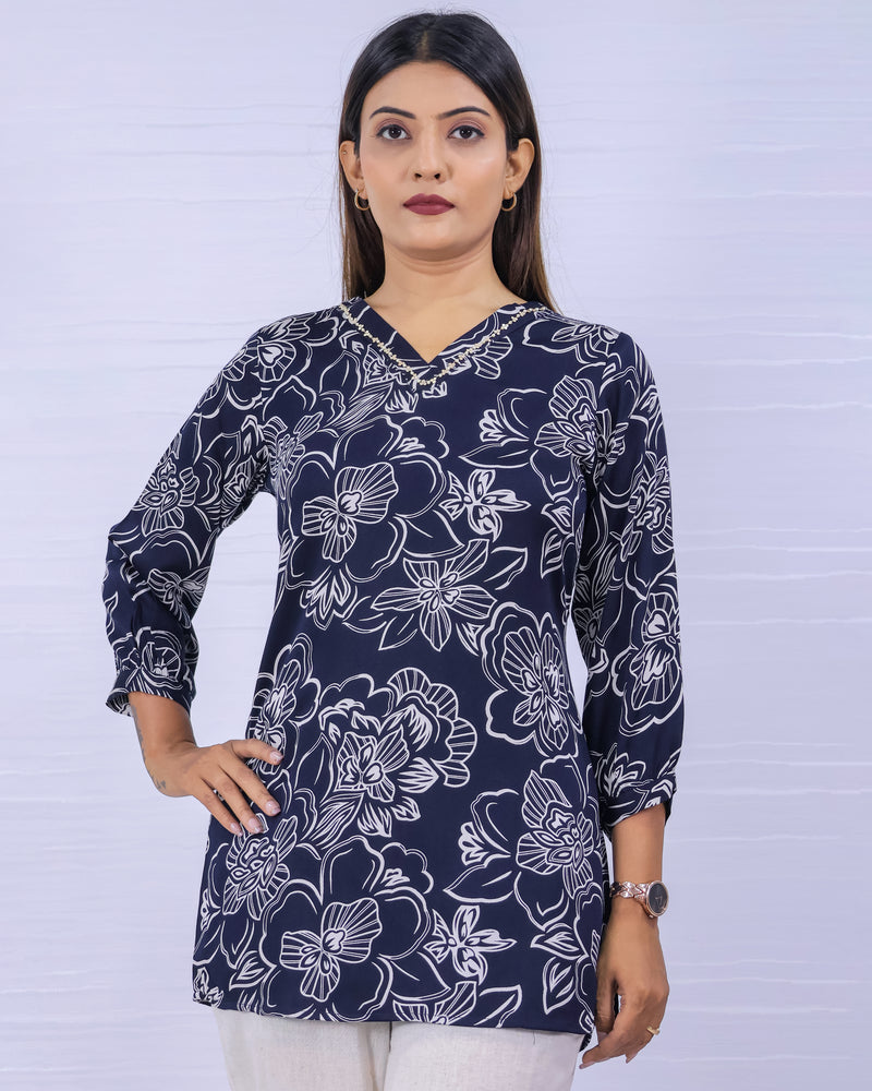 Women Blue Rayon Printed Short Top