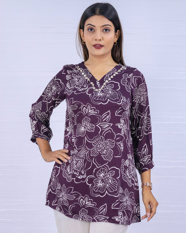 Women Purple Rayon Printed Short Top