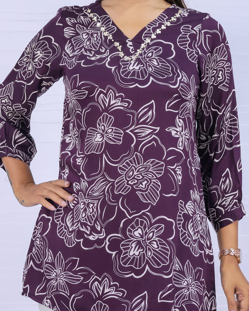 Women Purple Rayon Printed Short Top