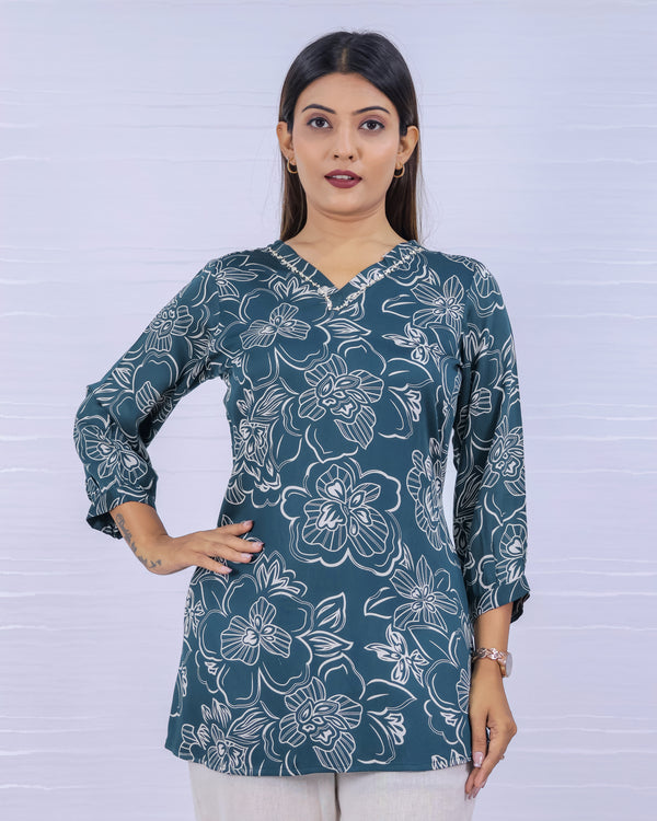 Women Green Rayon Printed Short Top