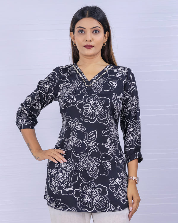 Women Black Rayon Printed Short Top