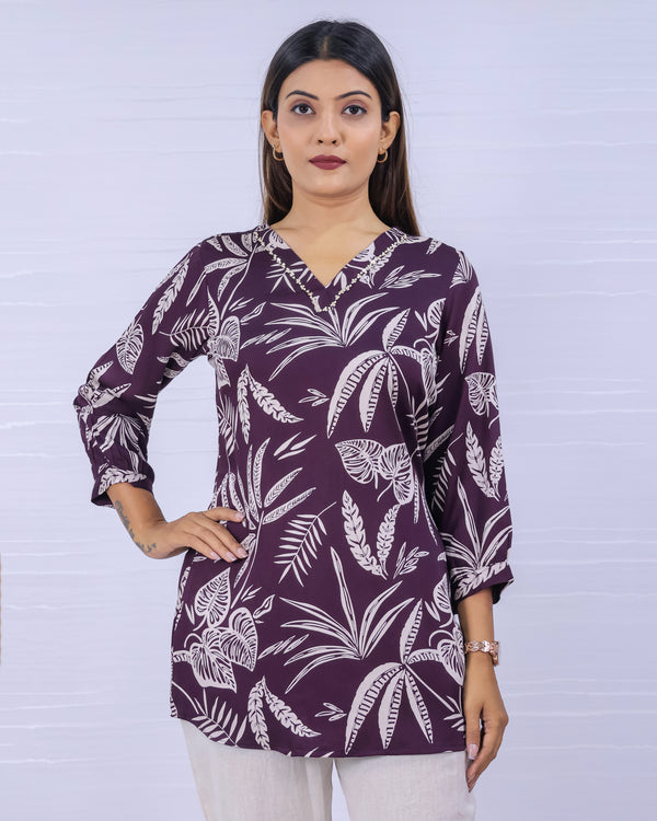 Women Purple Rayon Printed Short Top