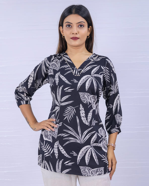 Women Black Rayon Printed Short Top
