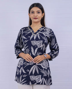 Women Blue Rayon Printed Short Top