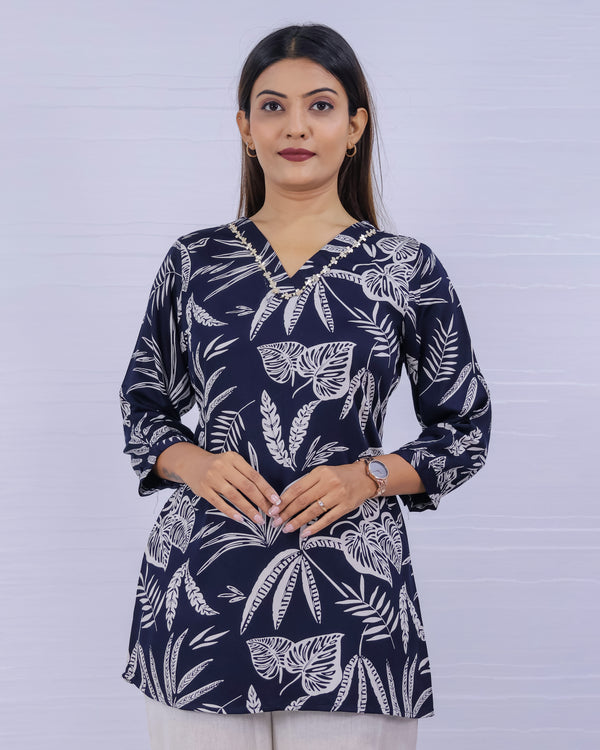 Women Blue Rayon Printed Short Top
