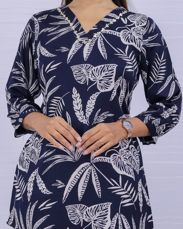Women Blue Rayon Printed Short Top