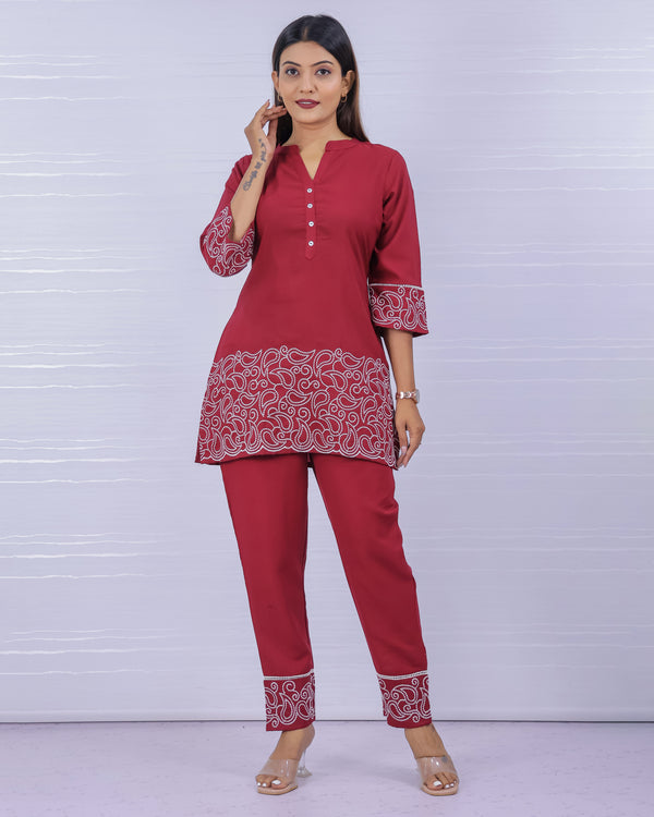 Melange Maroon Embroidery Co-ord Set