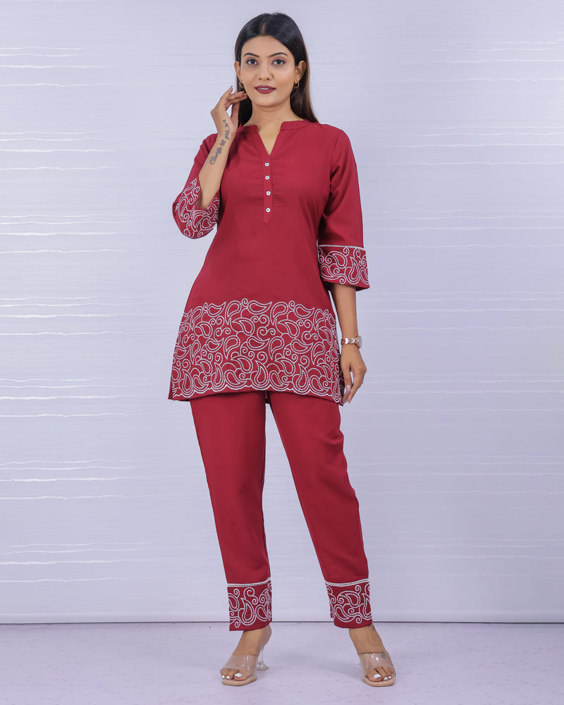 Melange Maroon Embroidery Co-ord Set