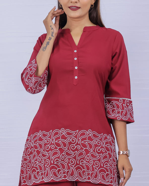 Melange Maroon Embroidery Co-ord Set