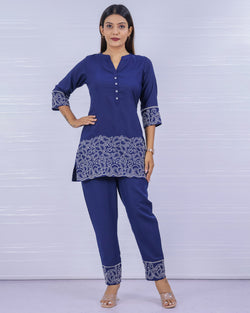 Melange Blue Embroidery Co-ord Set