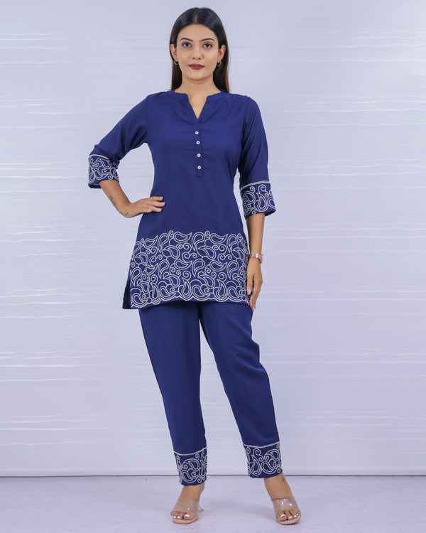 Melange Blue Embroidery Co-ord Set