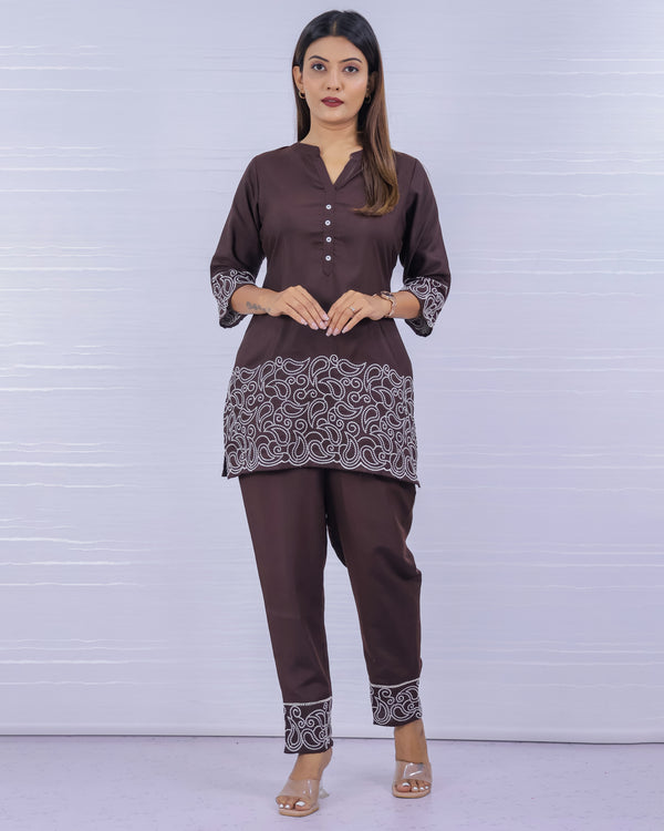 Melange Coffee Embroidery Co-ord Set