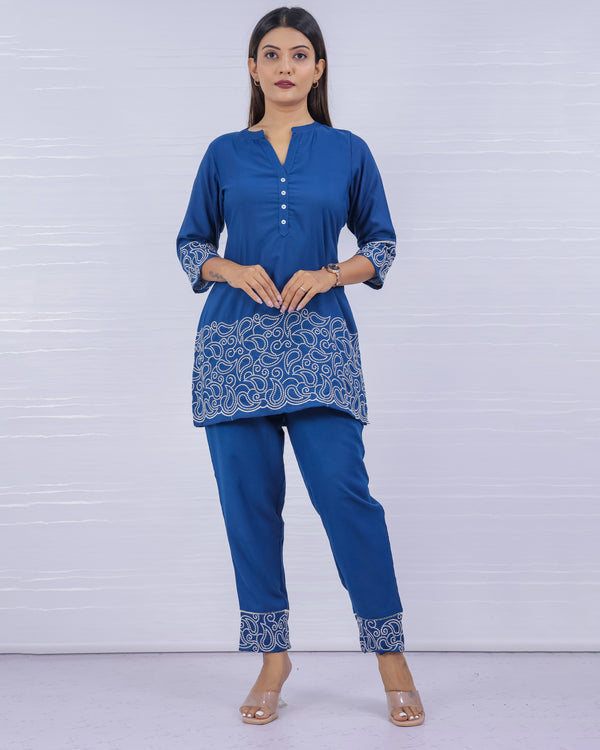 Melange Royal Blue Embroidery Co-ord Set