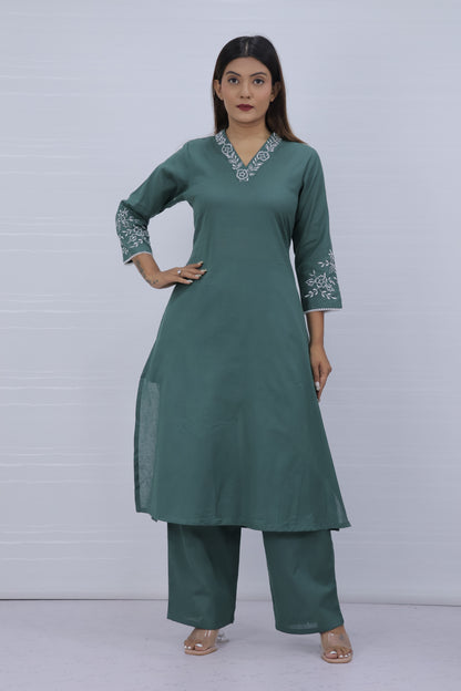 Misri Green Cotton Kurti Plazo