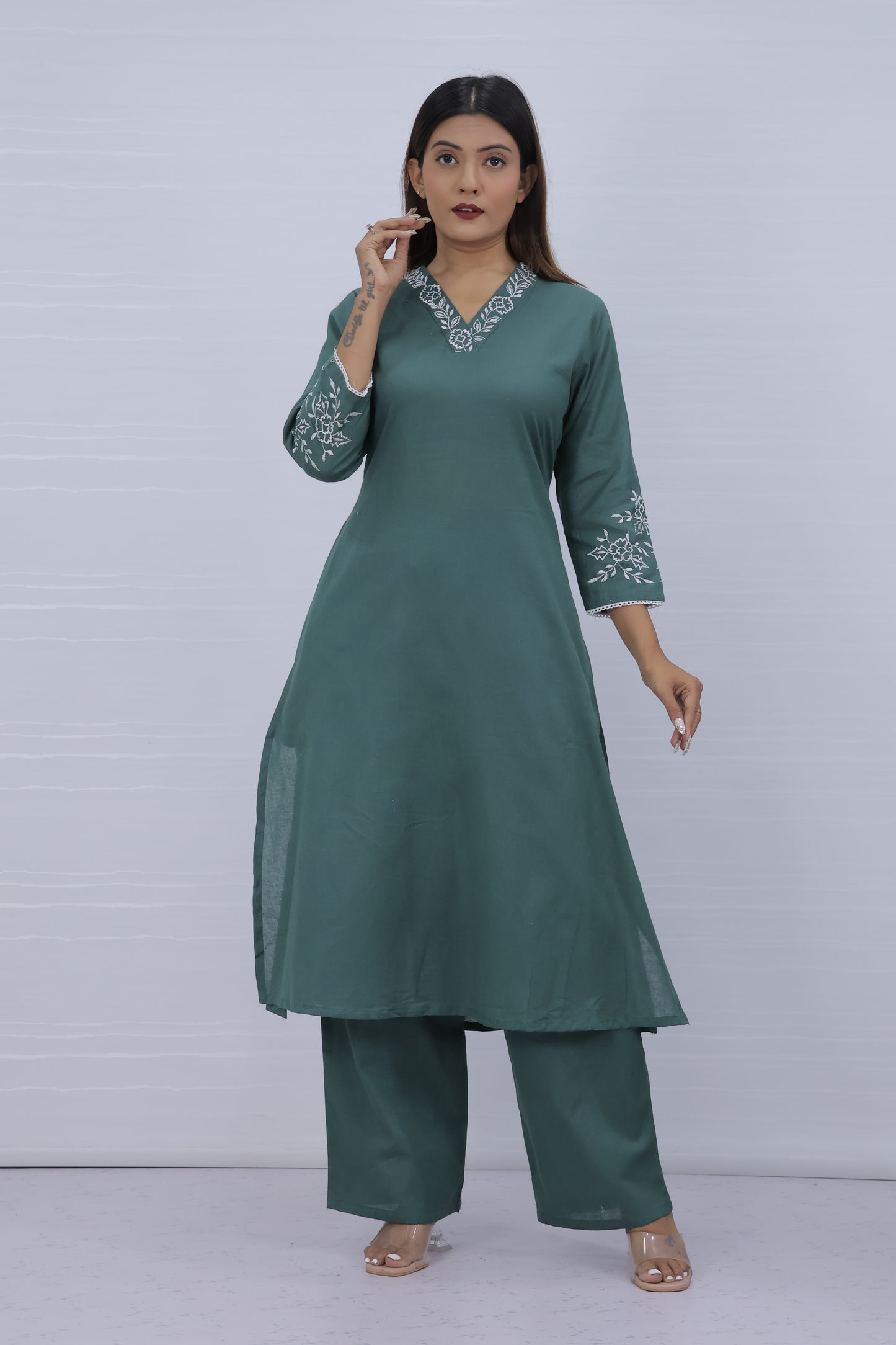 Misri Green Cotton Kurti Plazo