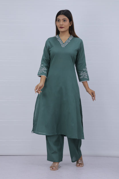 Misri Green Cotton Kurti Plazo