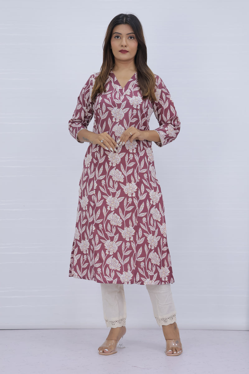 Floral Printed Maroon Cotton Kurti