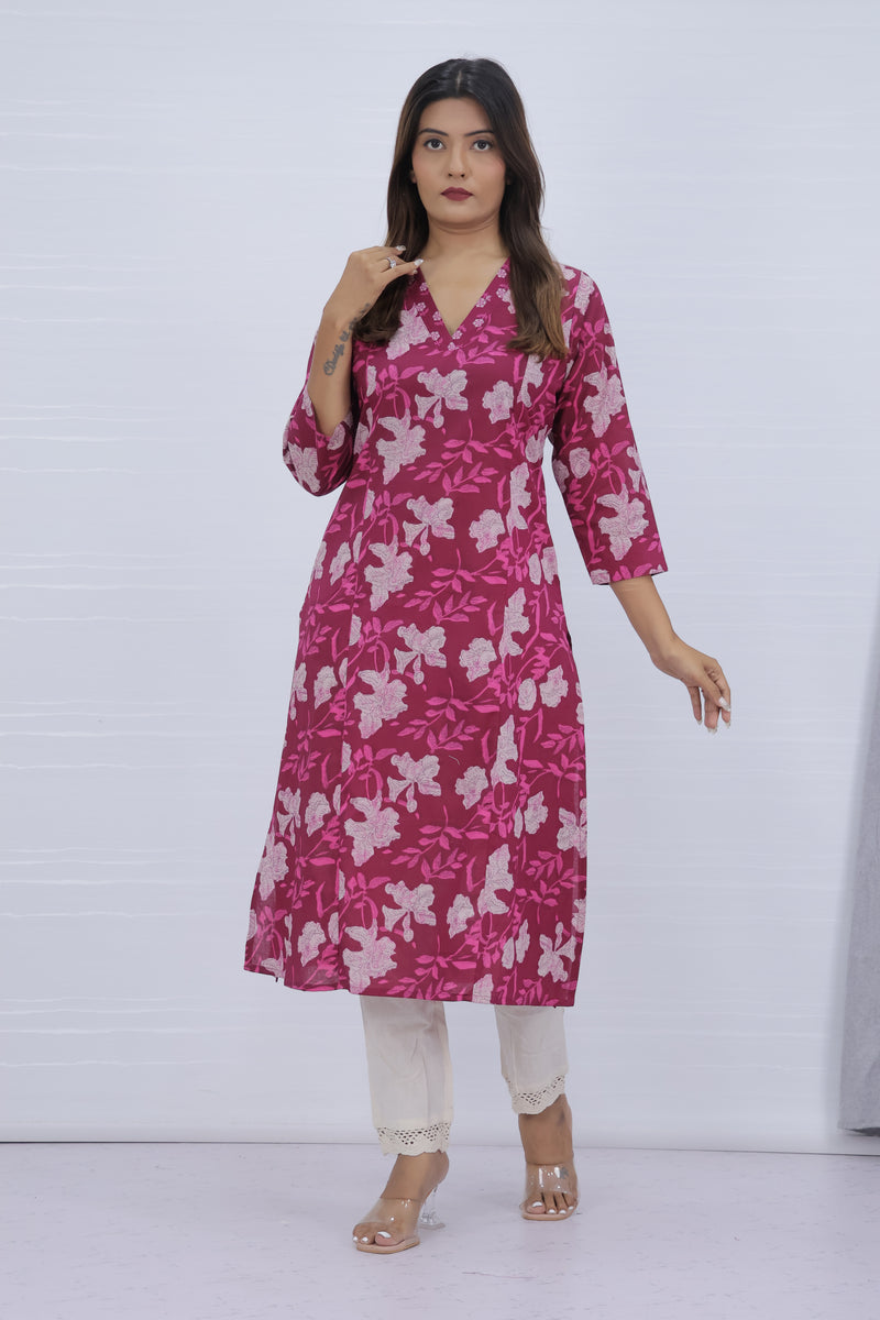 Floral Printed Pink Cotton Kurti