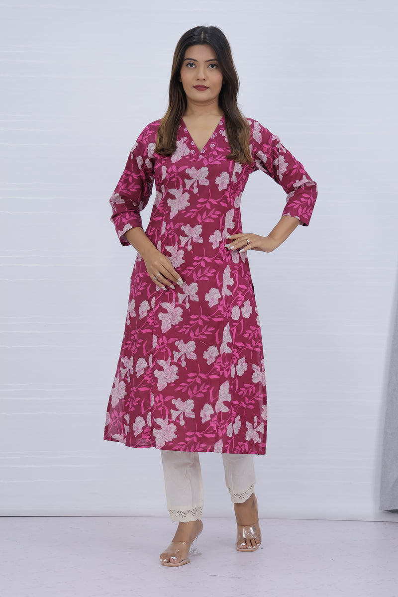 Floral Printed Pink Cotton Kurti