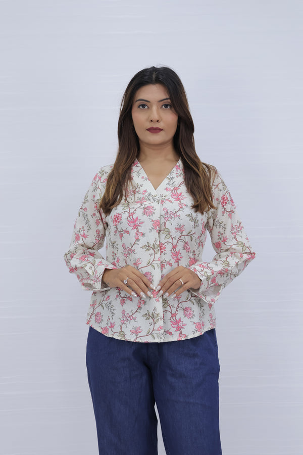 Floral Print White V-Neck Top