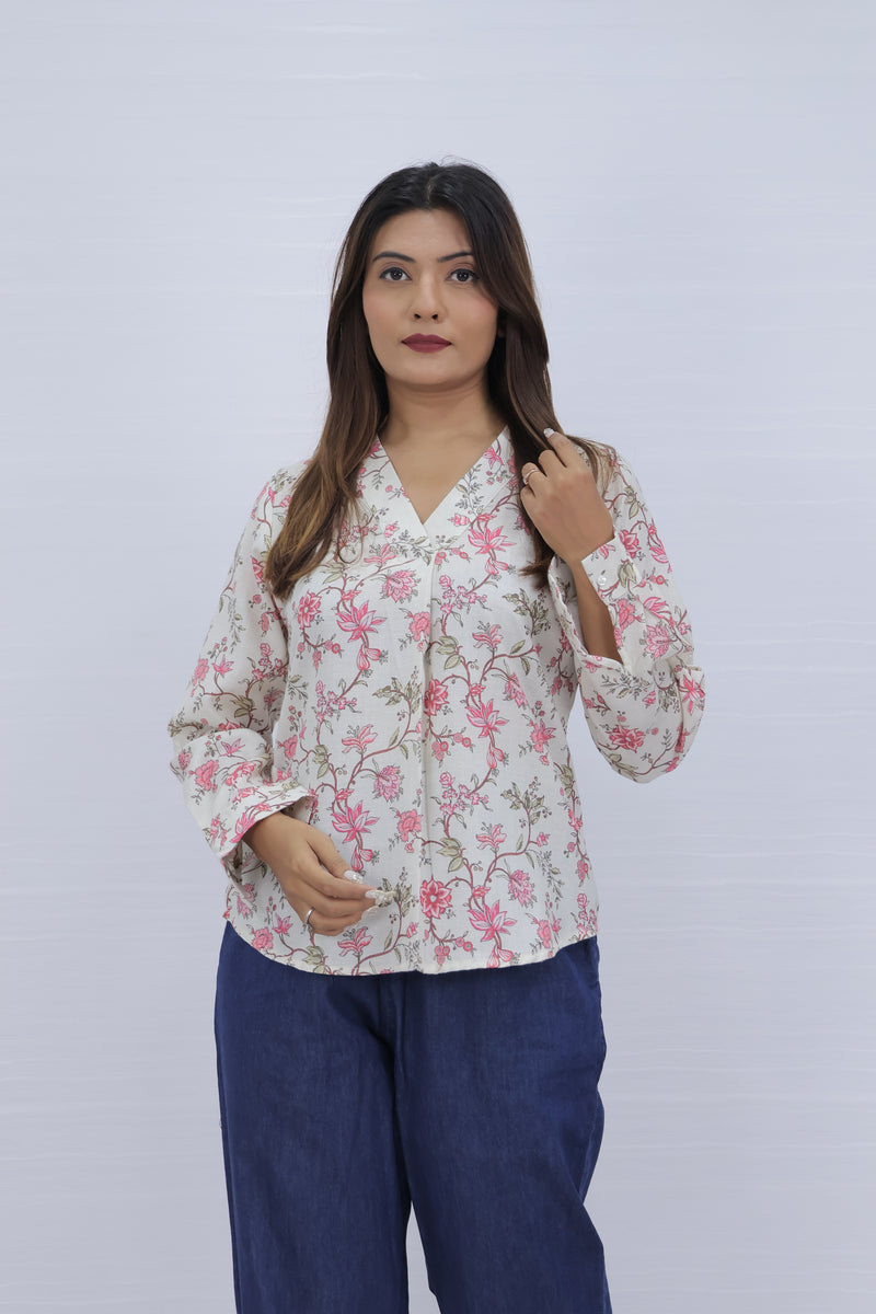 Floral Print White V-Neck Top