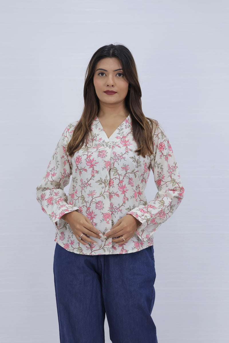 Floral Print White V-Neck Top