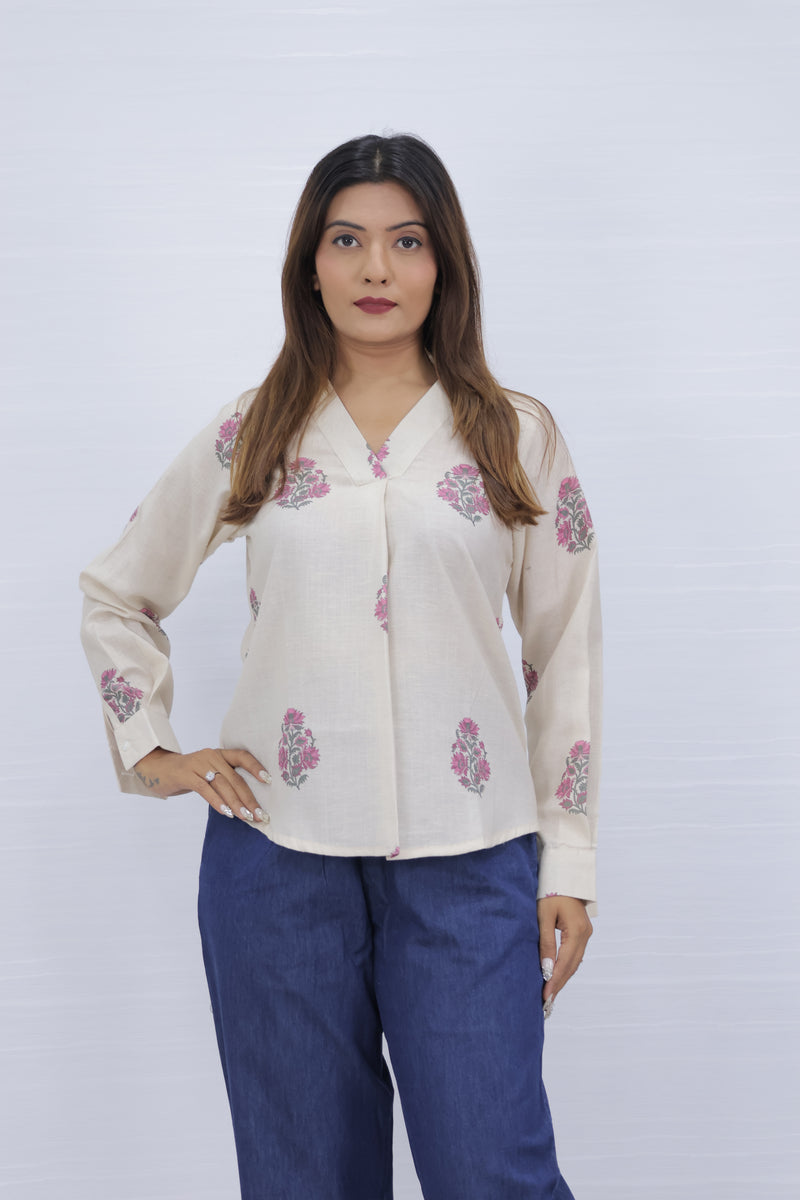 Floral Print Cream V-Neck Top