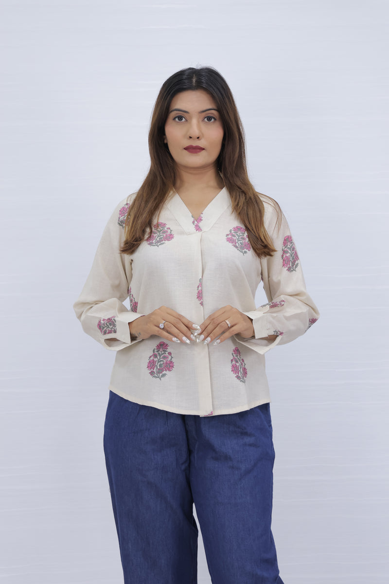 Floral Print Cream V-Neck Top