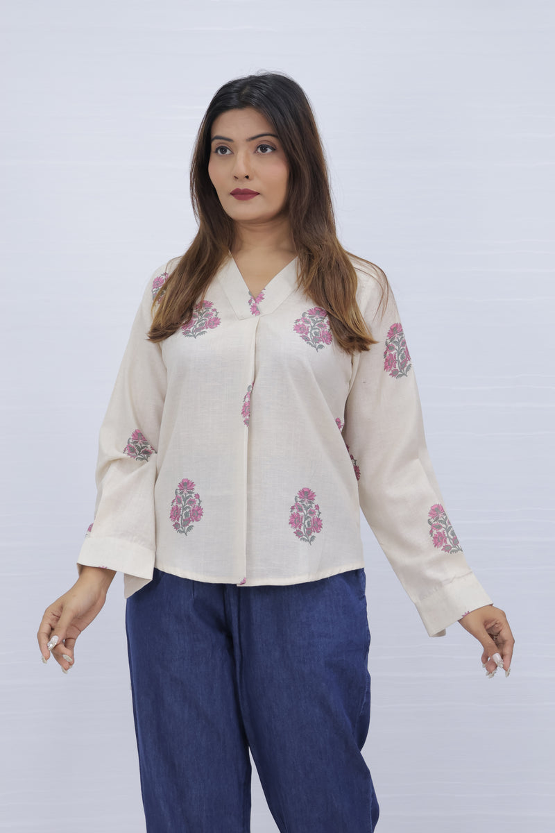 Floral Print Cream V-Neck Top