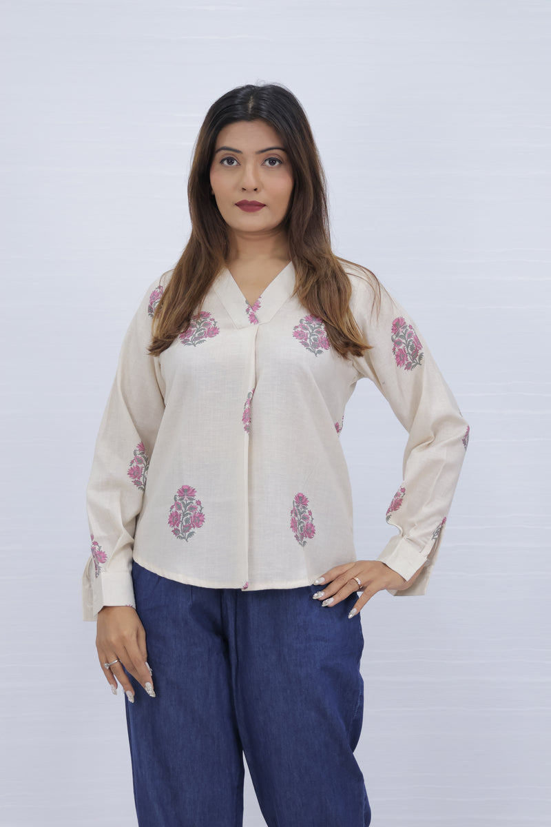 Floral Print Cream V-Neck Top