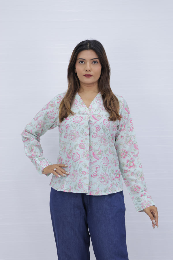 Floral Print Sky Blue V-Neck Top
