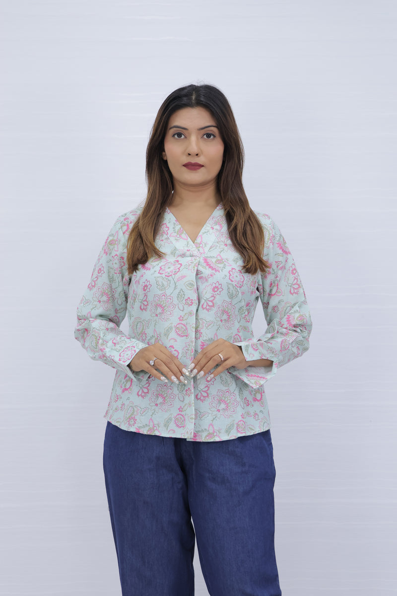 Floral Print Sky Blue V-Neck Top