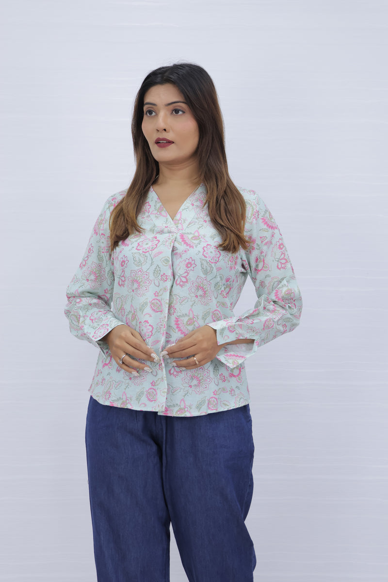 Floral Print Sky Blue V-Neck Top