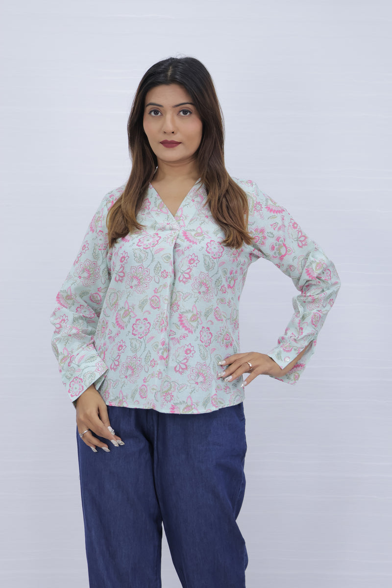 Floral Print Sky Blue V-Neck Top