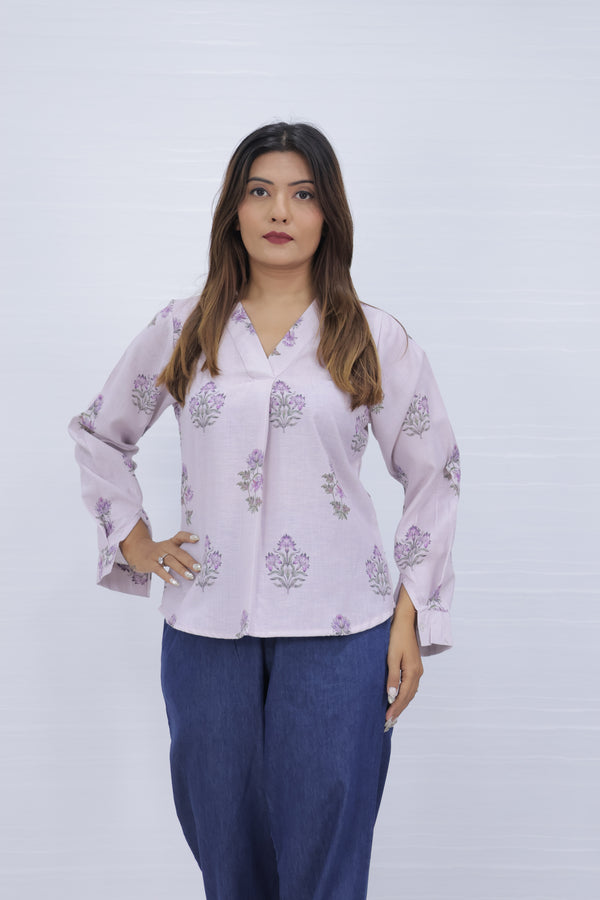 Floral Print Lavender V-Neck Top