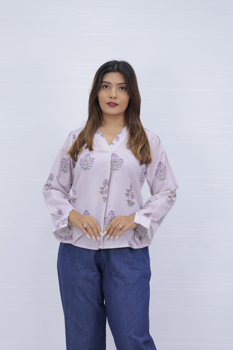 Floral Print Lavender V-Neck Top