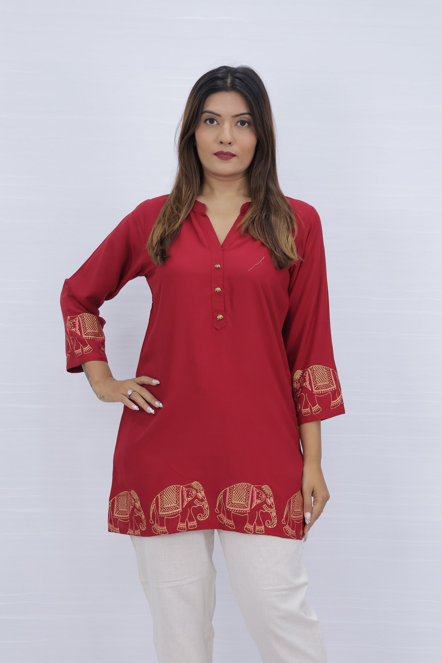 Red Vscose Rayon Short Kurti
