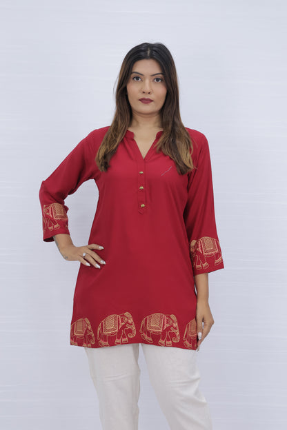 Red Vscose Rayon Short Kurti