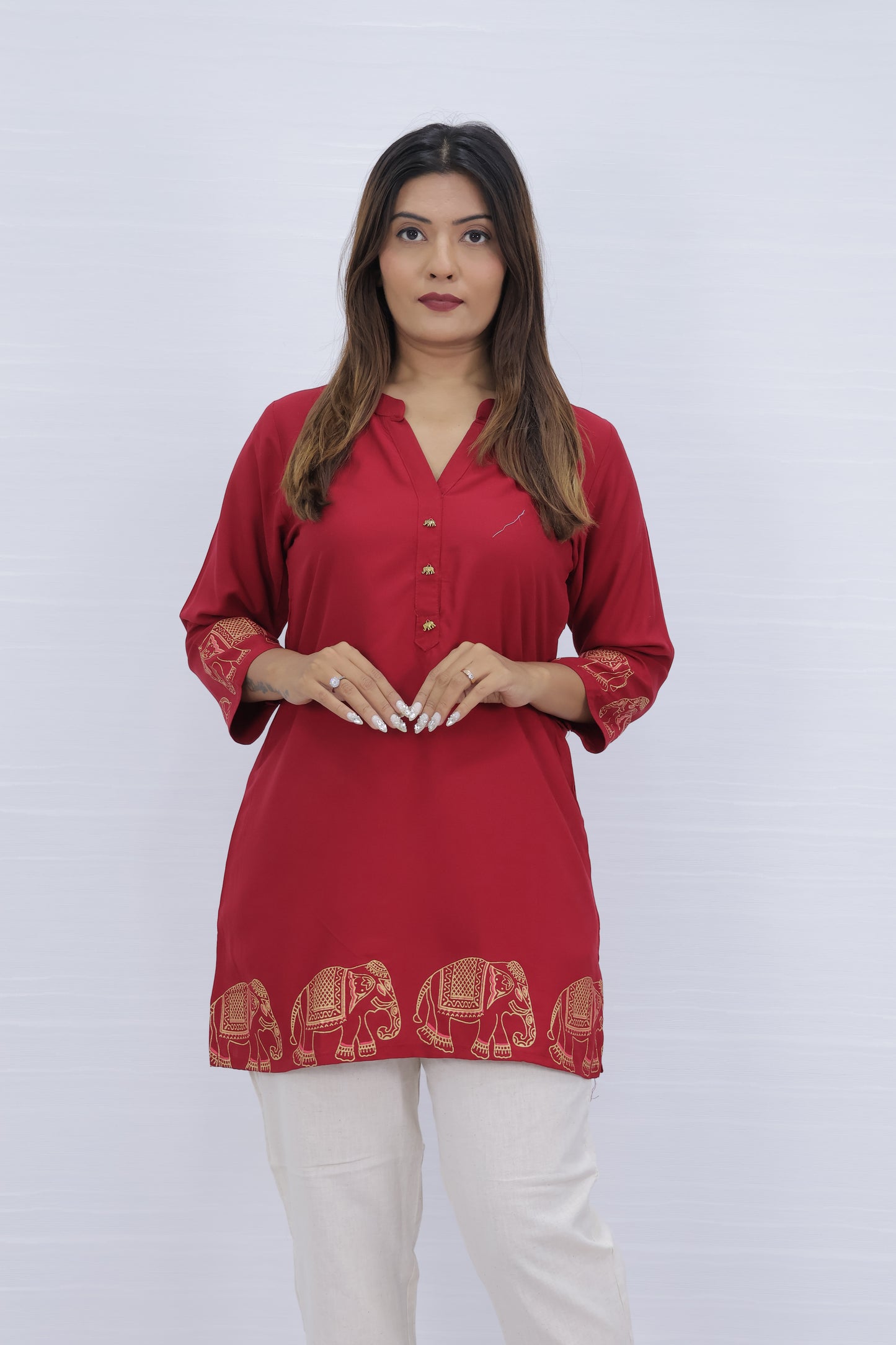 Red Vscose Rayon Short Kurti