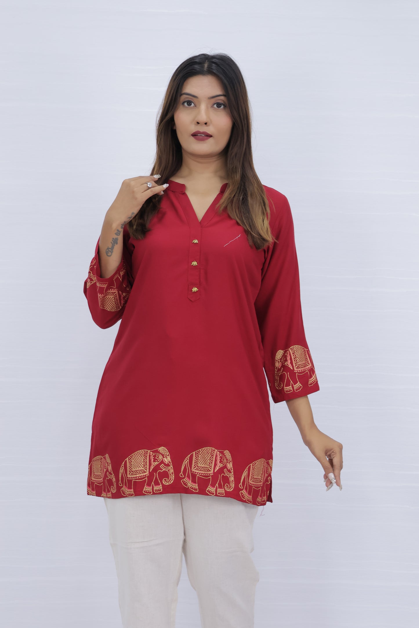 Red Vscose Rayon Short Kurti