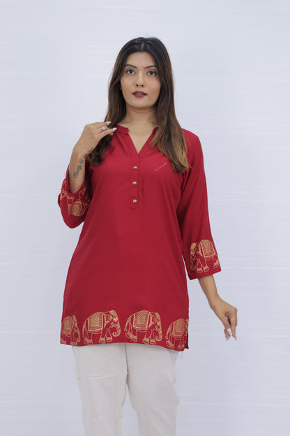 Red Vscose Rayon Short Kurti