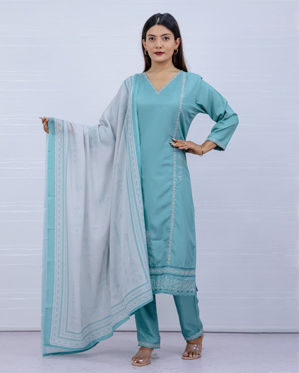 Svara Sky Blue Galaxy Silk Suit