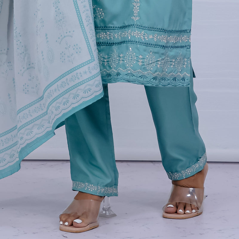 Svara Sky Blue Galaxy Silk Suit